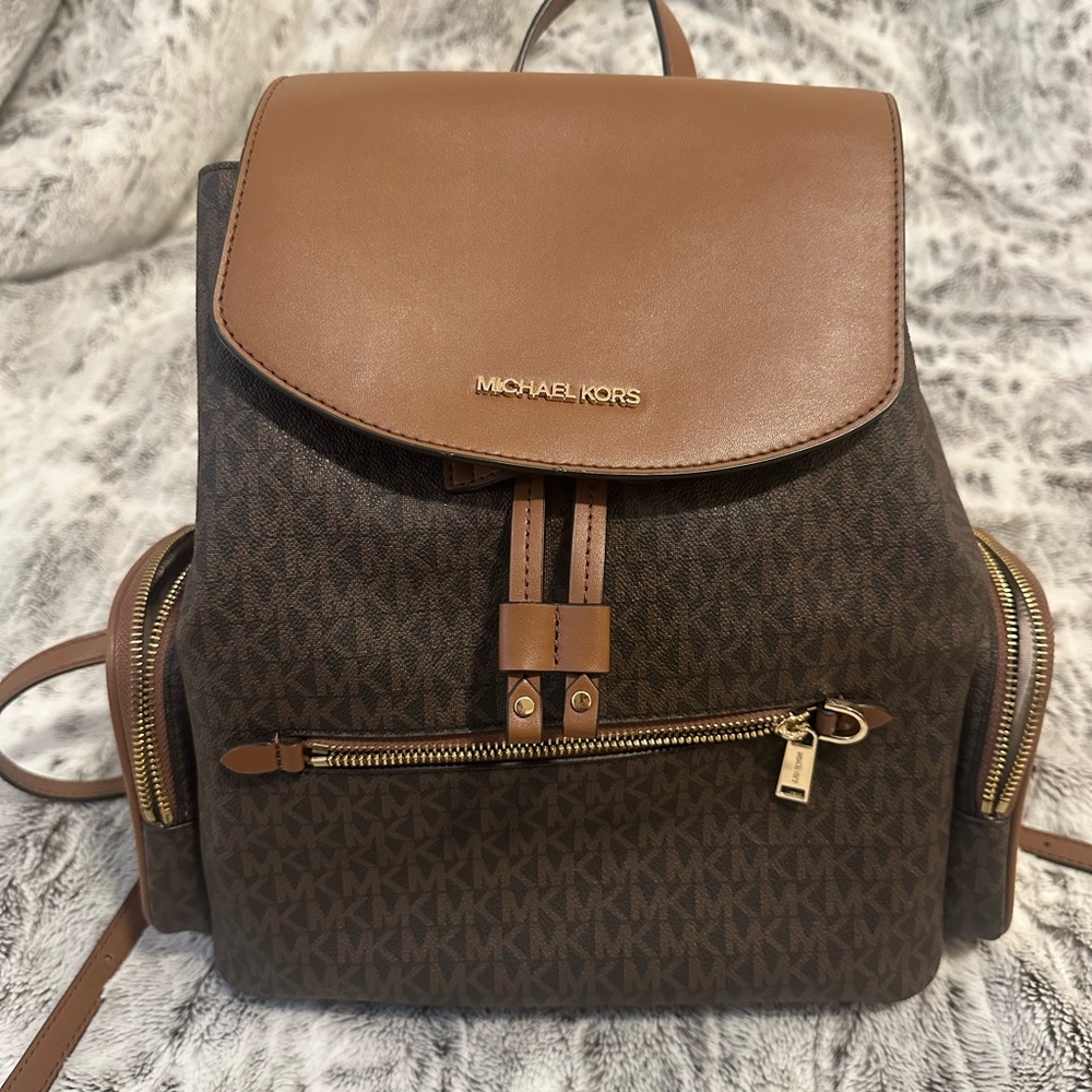 Michael Kors Tan and Brown Backpack with Gold Accents